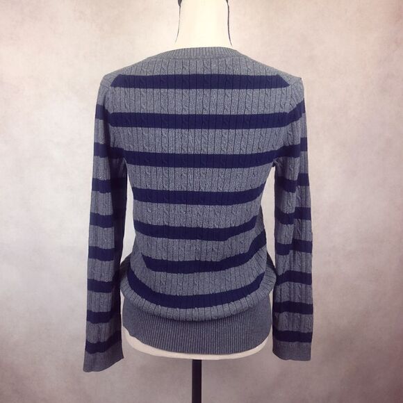Tommy Hilfiger Gray Blue Striped Cable Knit V Neck Sweater Size Large - Picture 2 of 8